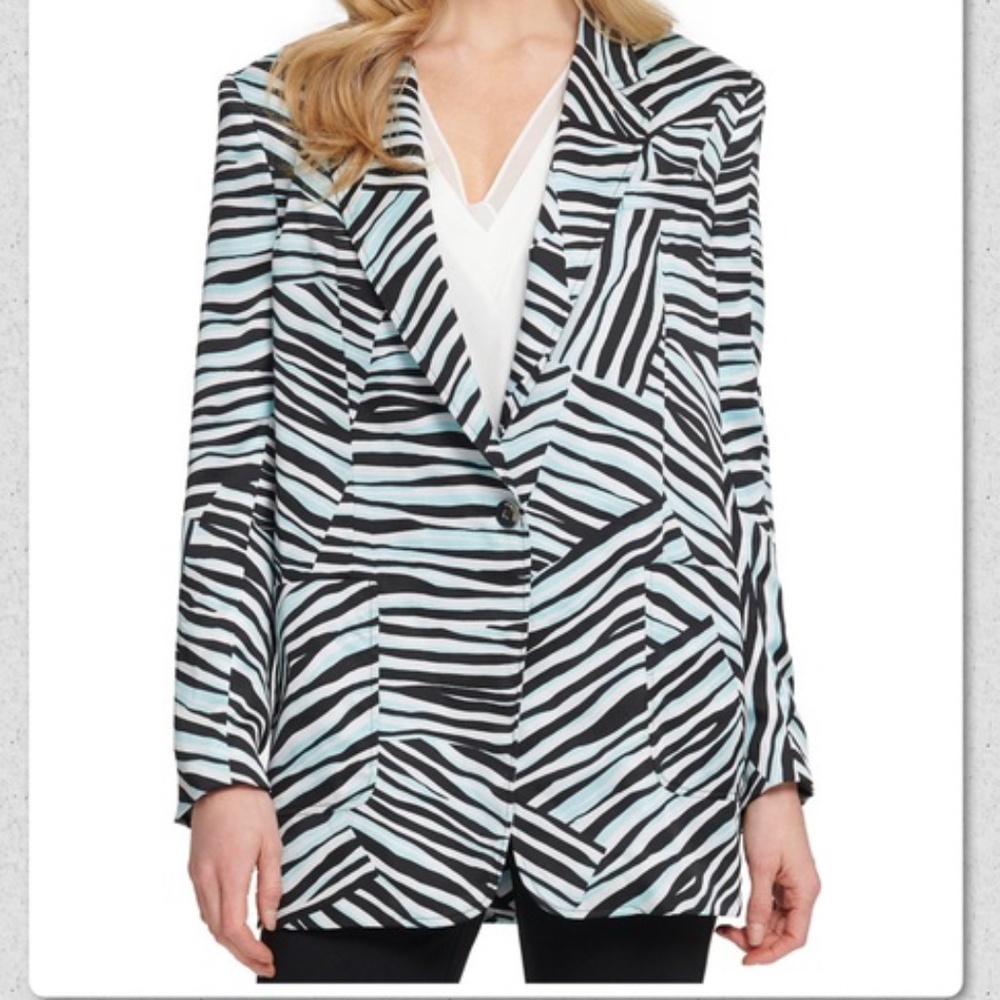 DKNY Black and Light Blue Zebra-Print Blazer Jacket